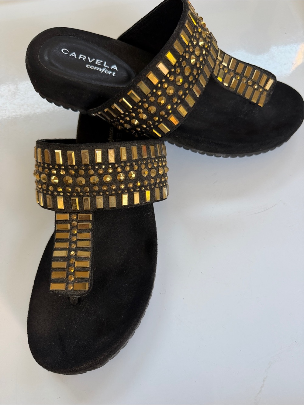Carvela Women's Black Sandals with Gold Stud Details